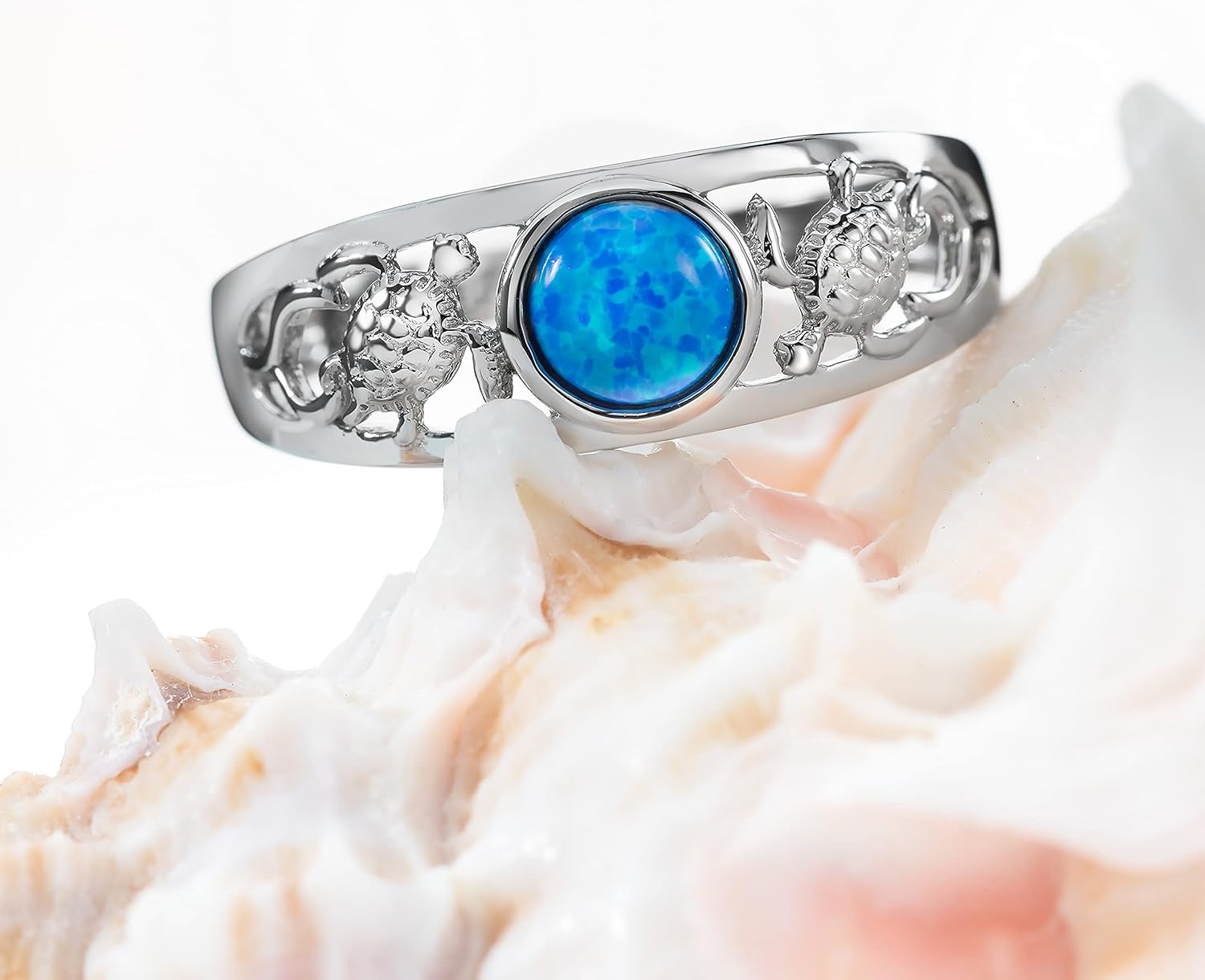 Sterling Silver Opal Two Sea Turtles Tapered Wedding Ring Eternity Band for Women, Hawaiian Island Tropical Ocean Jewelry Gemstone, Gift Box Included (Blue Opal, 10)
