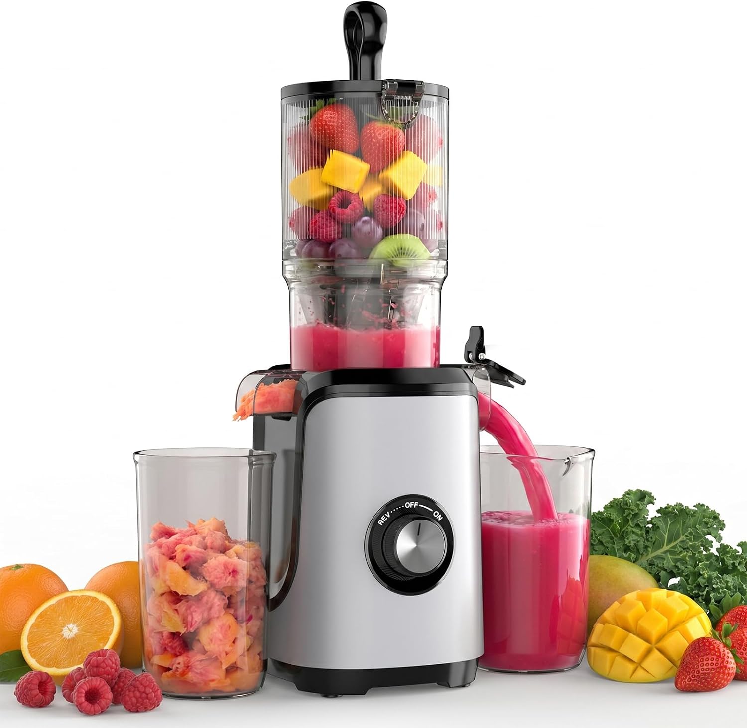 Slow Masticating Juicer, 200W Cold Press Juicer Machine with Safety Lock & Reverse Function, Juice Extractor for Fruits & Vegetables, Easy Clean, Silver