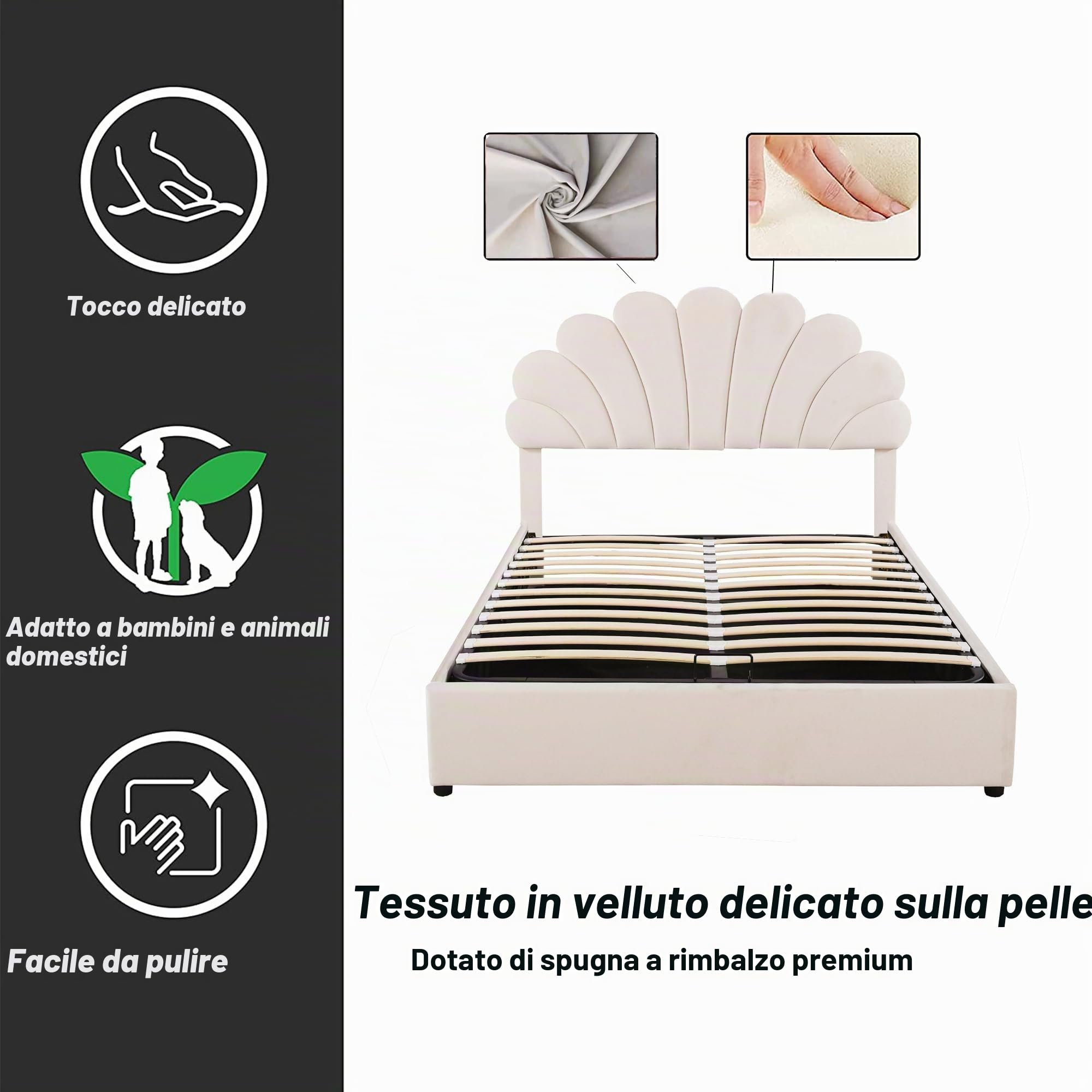 Soweiz Letto contenitore imbottito 140x200 cm, con testiera floreale e rete ortopedica, con testiera regolabile in altezza e contenitore idraulico, tessuto in velluto ipoallergenico (contenitore
