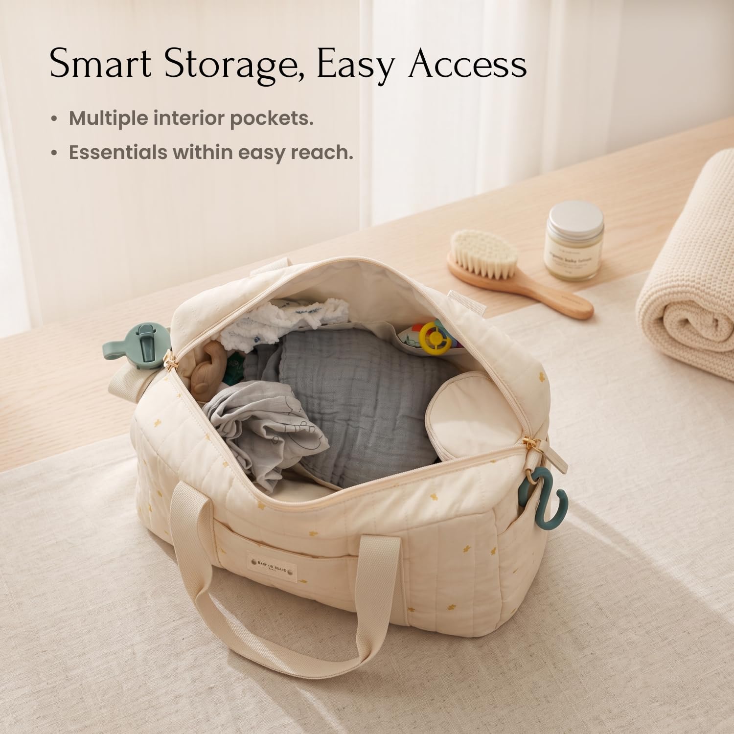 Baby on Board - Sac à Langer Simply Coton, 23L | 2 grands compartiments, Fixation poussette incluse, Matelas à langer inclus, Porte-biberon isotherme, Lavable en machine