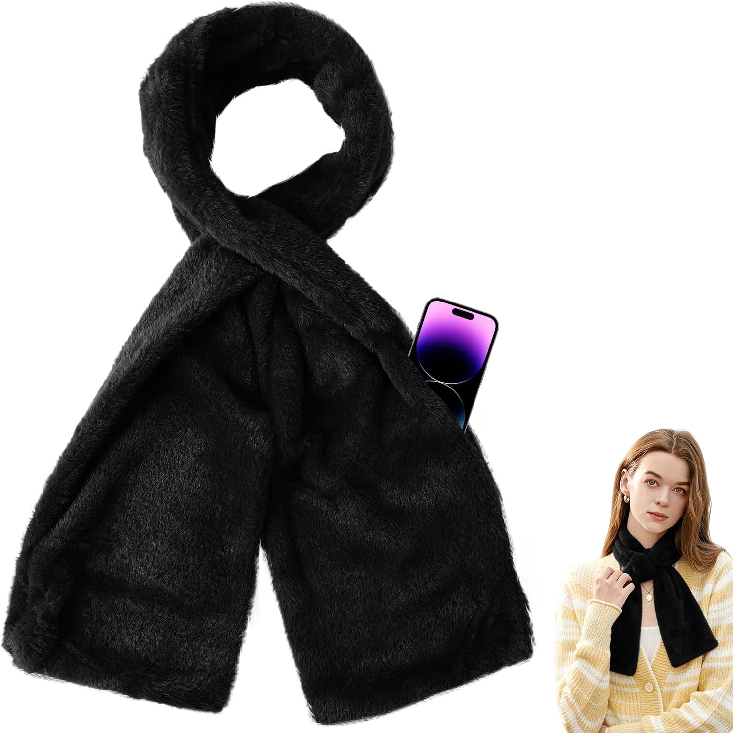 Faux-Fur Pull Through Scarf With Hidden Zipper Pocket, Fur Neck Collar Scarf Cozy Wrap, Women Travel Neck Wrap