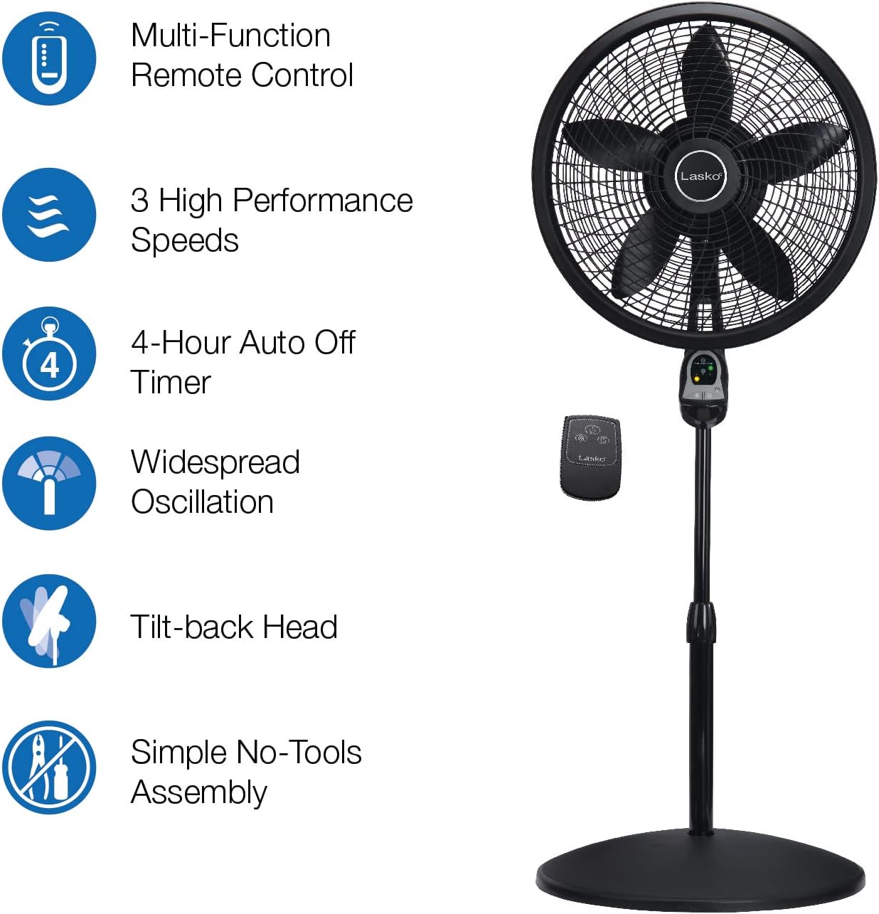 Lasko 1843 18″ Remote Control Cyclone Pedestal Fan with Built-in Timer, Black Features Oscillating Movement and Adjustable Height