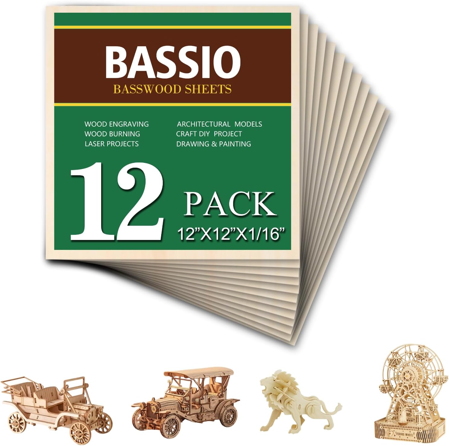 12x12 Basswood Sheet 1/16" (1.5mm) Thin for Laser Engraving, Miniature Dollhouse, Delicate Crafting - 36 Pack, Full Exact Thickness & Exact Size, Pre-Sanded Burr-Free & Warp-Resistant