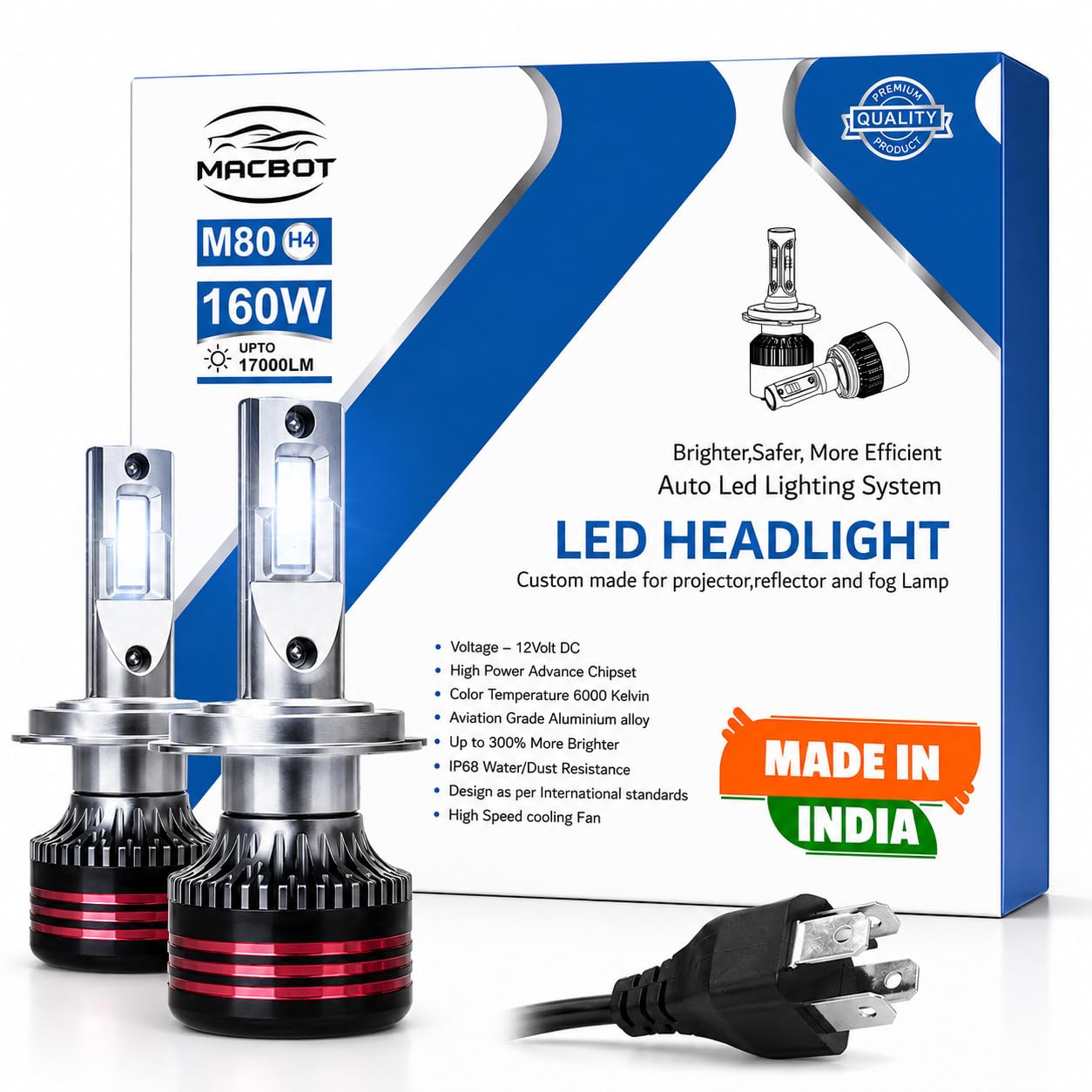MACBOT H4/H19 Type LED Headlight Bulb 160 Watt M80-H4, with 2-Year Replacement Warranty - Made in India for Cars (80 Watt Each Bulb) Super Bright White Light, Easy Installation-image-28