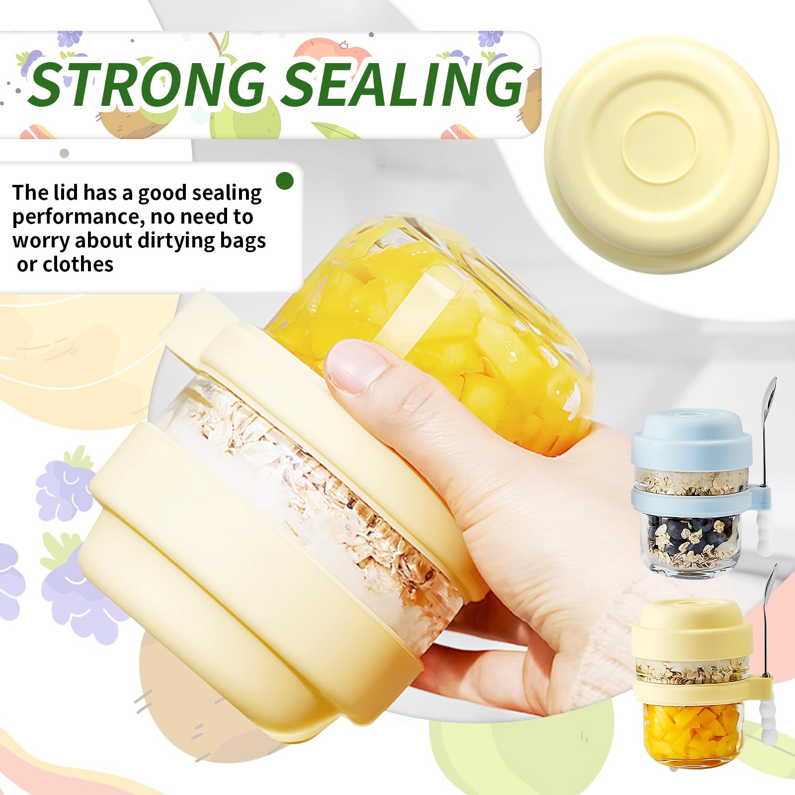 Overnight Oats Jar 2 Pezzi, Contenitori Vetro per Alimenti con Coperchio e Cucchiaio, 440ml Meal Prep Contenitore Vasetti per Yogurt Riutilizzabile, per Avena, Vasetti per Budini, Insalate, Marmellate
