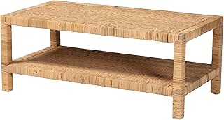 Bali & pari Kalimantan Bohemian Light Honey Rattan and Mahogany Wood Rectangle Coffee Table