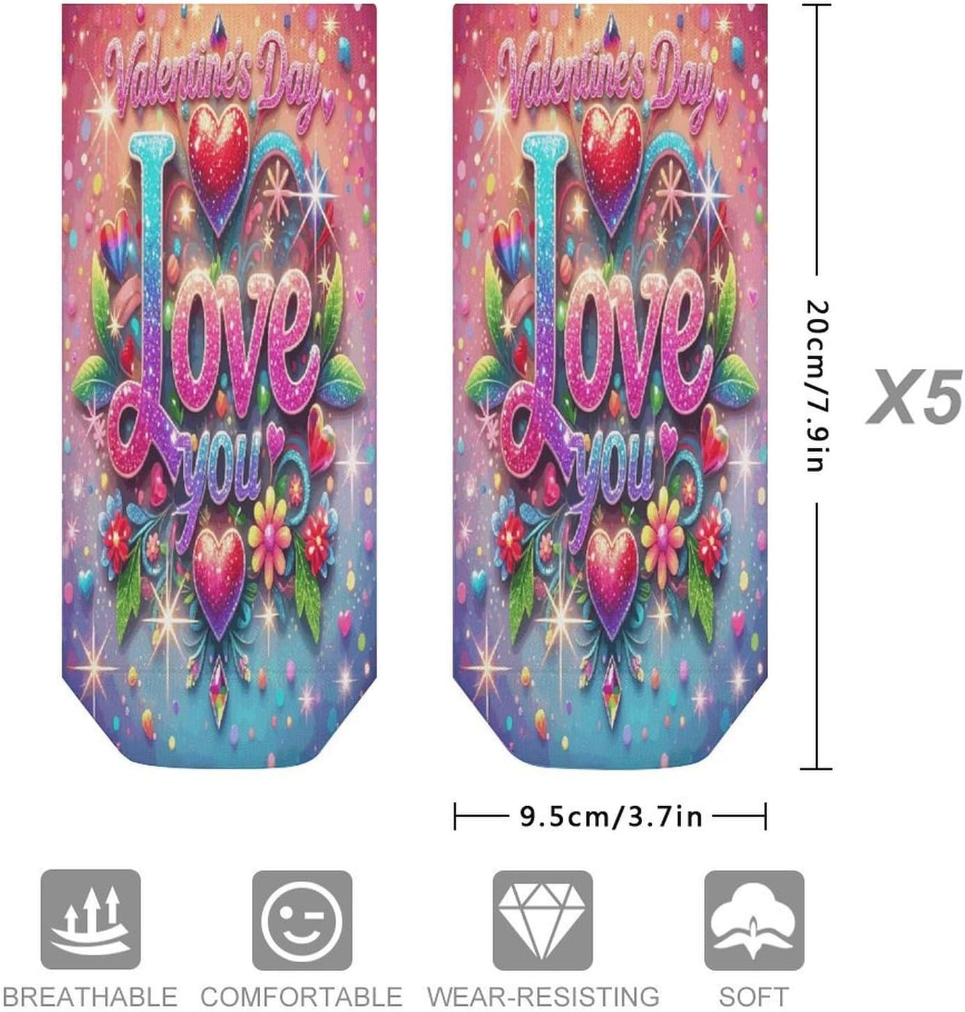 Valentine's Love You 5Pairs Low Cut Ankle Socks for Women No Show Casual Breathable Athletic Socks for Sport