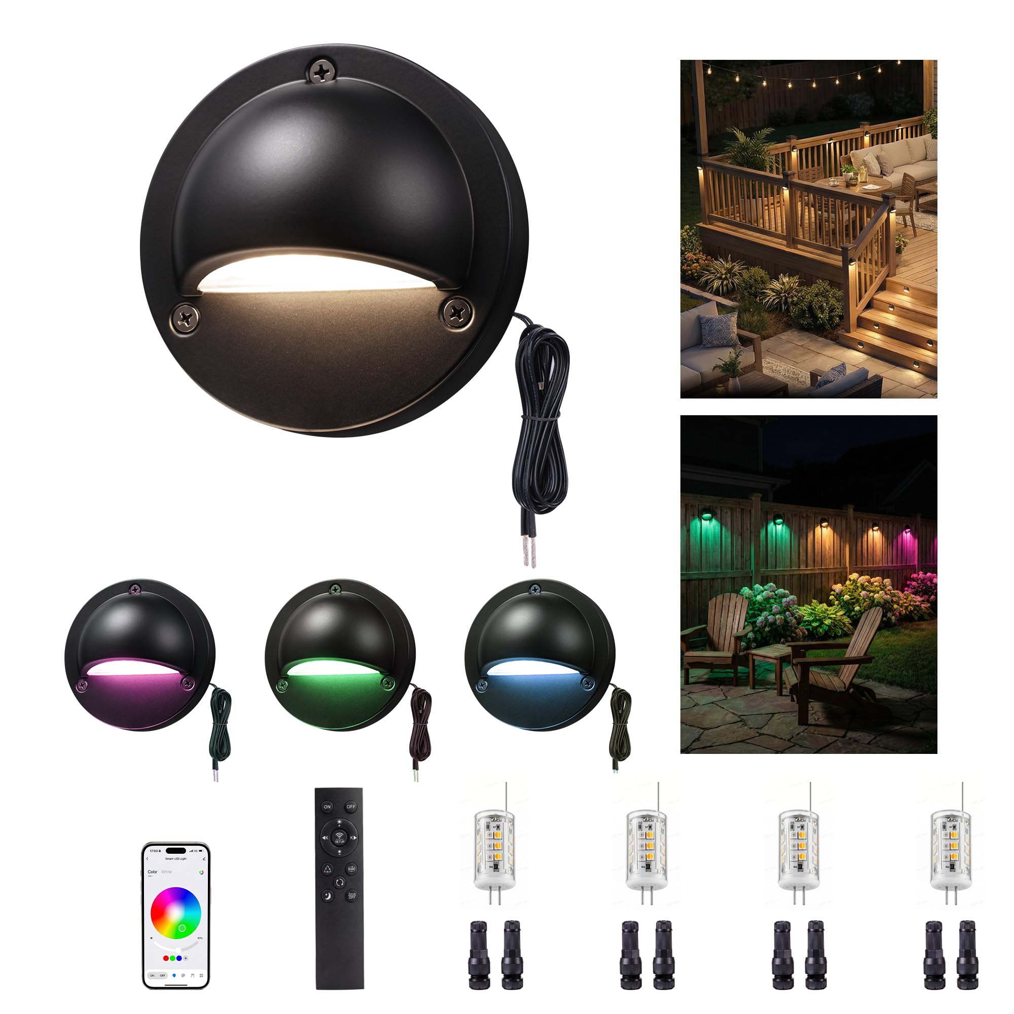 Low Voltage RGBCW Smart Deck Lights, 12V Bluetooth Mesh Black Outdoor Landscape Lighting with App &amp; Remote Control, Replaceable G4 Bulb, IP65 Waterproof Aluminum for Step Stair Fence, 4 Pack