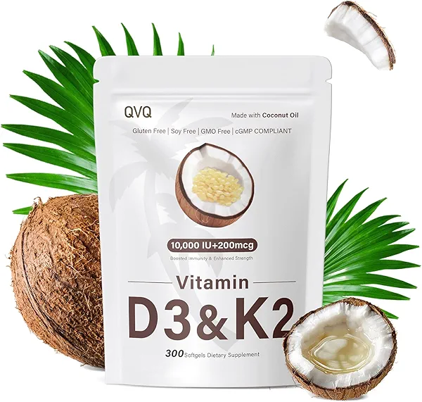 QVQ 300 Pcs 2 in 1 Vitamin D3 10000 iu Plus K2 (MK-7) 200 mcg Virgin Coconut Oil Softgels with Vitamins D & K Supports Calcium Absorption, Bone, Immune, & Heart Health – Easy to Swallow