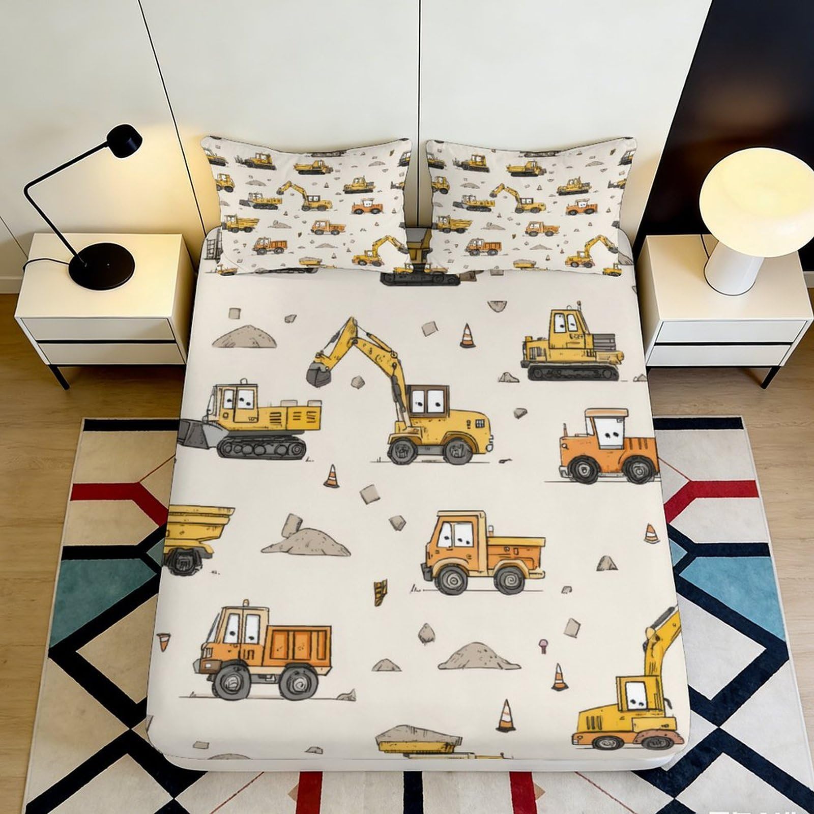 Pnayamiorkfel Style-1 3D Printed Construction Vehicles Fitted Sheet Microfiber Soft Yellow Trucks Bed Cover For Bedroom Dorm Decor Protection 90X200x25cm