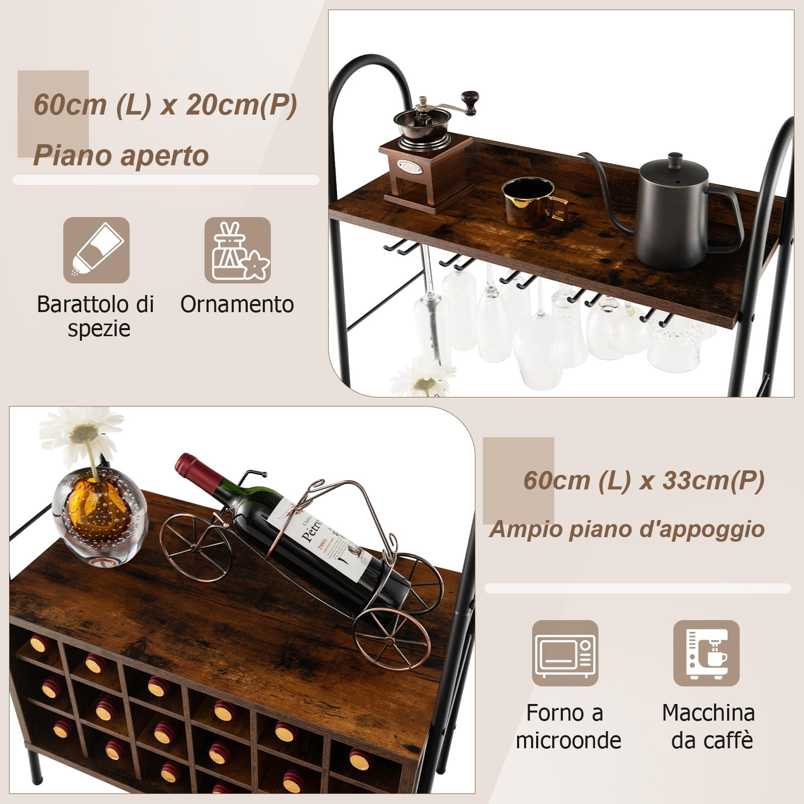 GYMAX Portabottiglie di Vino da Terra per 18 Bottiglie e 15 Calici, 63 x 32 x 114,5 cm, Cantinetta Vino, Portabottiglie Staccabile, 2 Ripiani Aperti, Scaffale Porta Vino per Casa Bar, Marrone