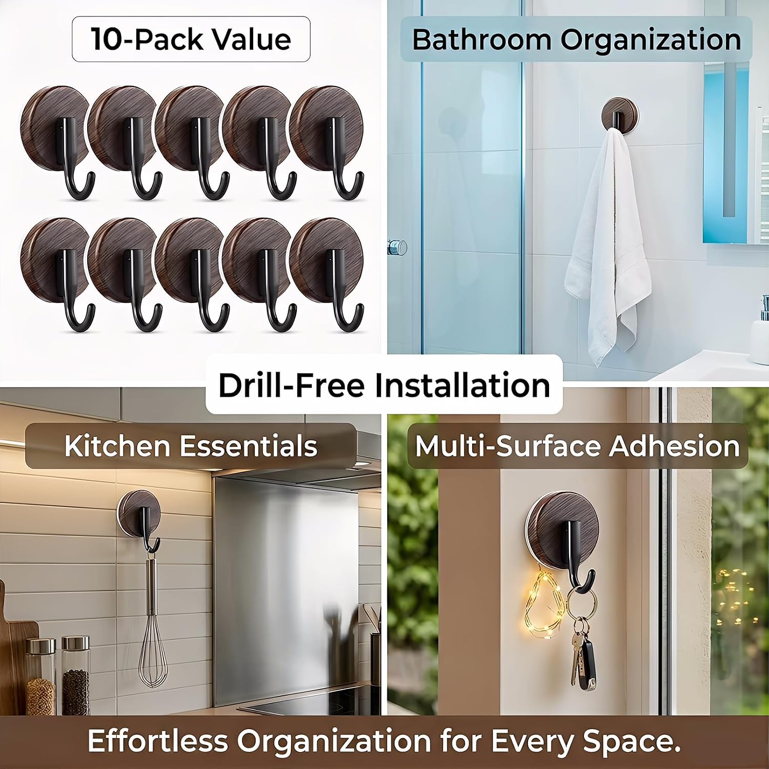 Suction Cup Wreath Door Hanger, 10-Pack Upgraded Reef Wreath Hook for Front Door/Glass Window/Over Door, Spring/Summer/July 4th/Christmas/Thanksgiving/Halloween/Easter (Walnut-10)