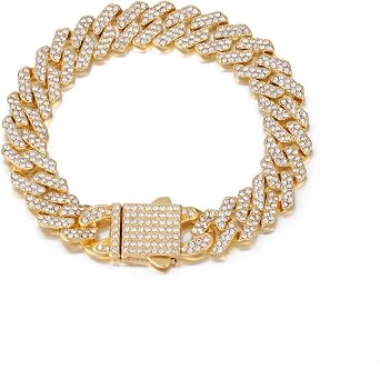 Cuban Link Chain Mens Iced Out Miami Cuban Necklace Silver/Gold Bling Diamond Hip Hop Jewelry for Women Gold Choose Size