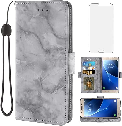 Asuwish Funda compatible con Samsung Galaxy J7 2016 y protector de pantalla de vidrio templado, accesorios para células, ranura para tarjetero,