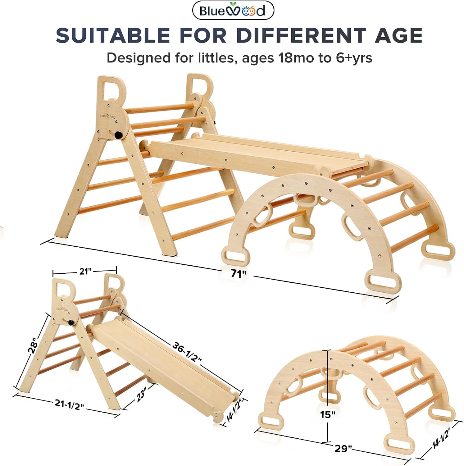 BlueWood Pikler Triangle Set, Foldable Wooden Toddler Climbing Toys Indoor Playground Jungle Gym Montessori Philosophy Climber for 2-6 Years Old, Baby, Kids (Natural Wood)