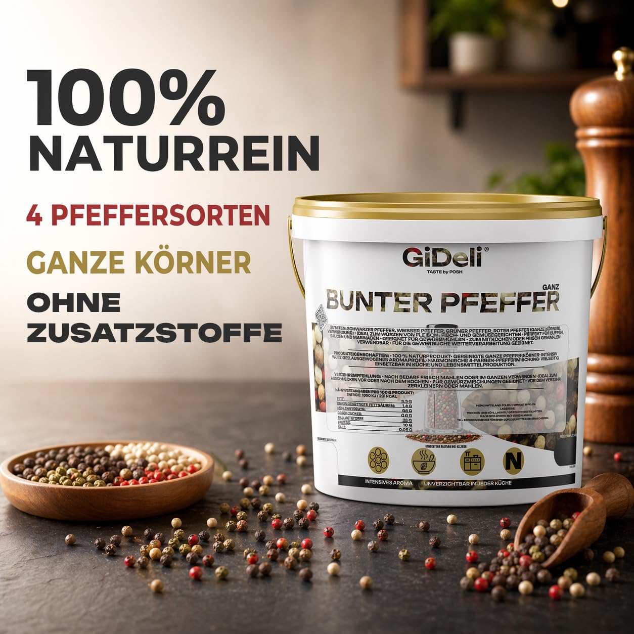 GiDeli Bunter Pfeffer Ganz 5kg im Eimer - Aromatische Schwarze, Weiße, Rote und Grüne Pfefferkörner - Für Pfeffermühle und Mörser - Universell Einsetzbar - 100% Naturrein ohne Zusätze