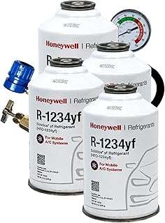ZeroR® R1234YF Refrigerant Recharge Kit with 4 X 8oz R1234YF Can & 24" HD Brass Can Tap Gauge -, Ideal for Automotive AC Systems, Reverse-Thread Design - Easy Access to Hard-to-Reach Ports