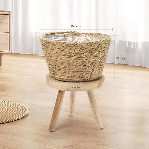 Miniatura 4 de Athaliah Juego de 3 cestas para plantas, cestas tejidas para interiores con forro de plástico, jacinto de agua y cáscara de maíz macetas decorativas