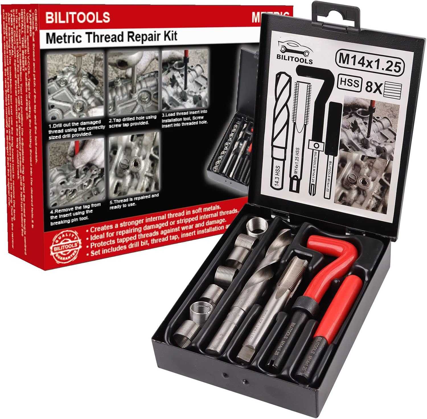 BILITOOLS M14x1.25 Thread Repair Kit, HSS Drill Helicoil Repair Kit Metric Metric M14 x 1.25