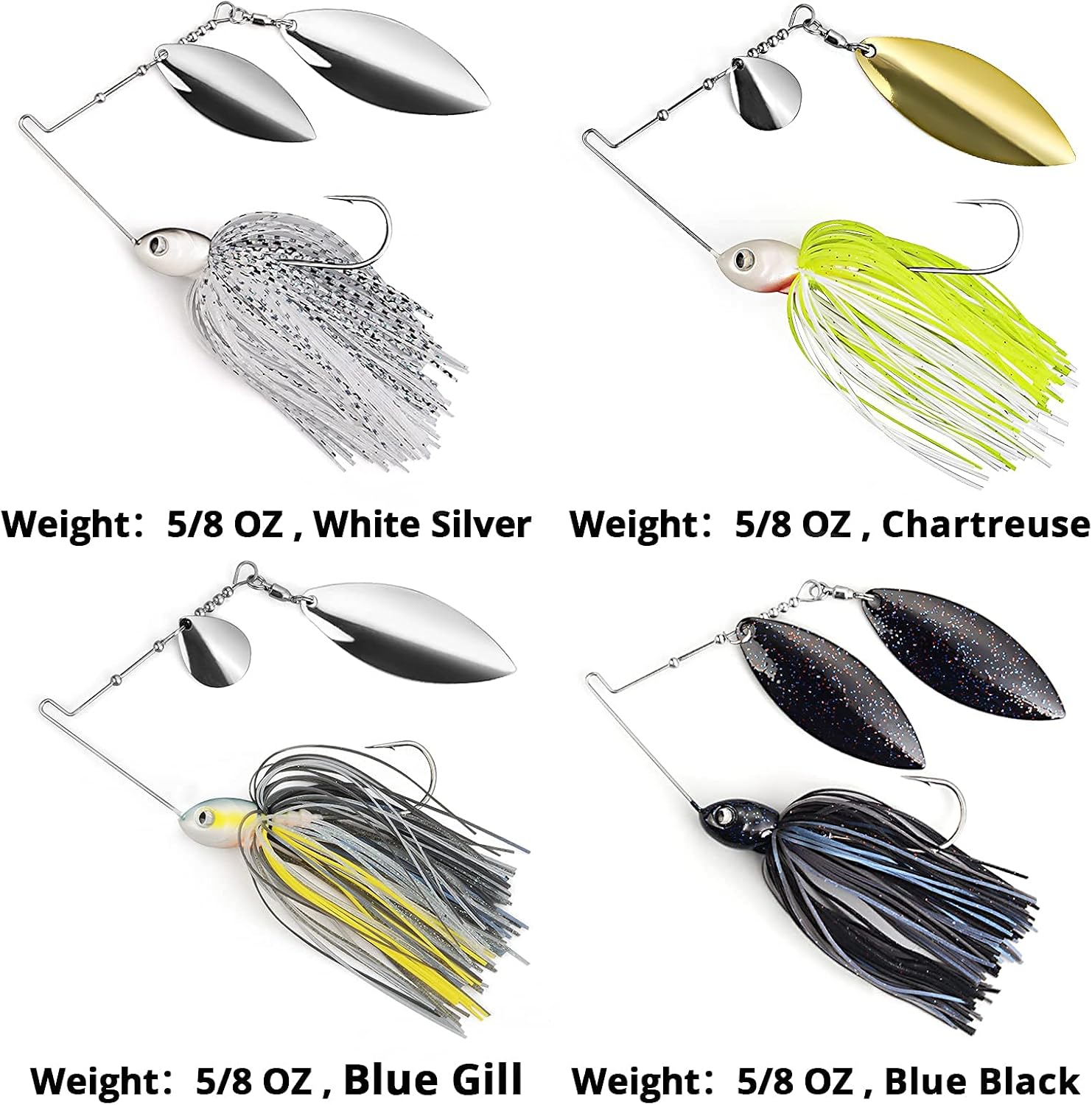 4 pc Multi-Color Spinnerbait Kits, Colorado & Willow Blades, Includes Needle Point Hooks, Available in 5/8 oz, White, Blue/Black, Bluegill and White/Chartreuse, Stainless Steel Wire : Sports & Outdoors