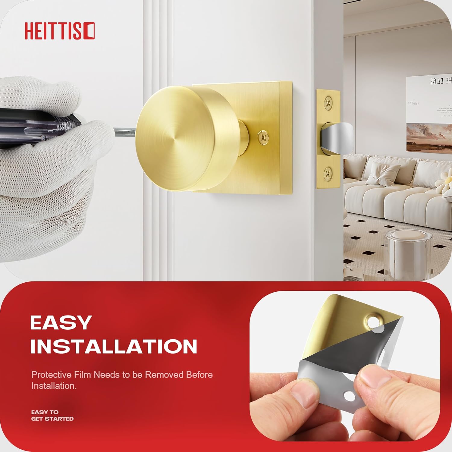 1 Pack Front Door Lock Set,Front Door Entry Knobs Single Cylinder Deadbolt Combo Set,Gold Door Knobs with Same Keys,Satin Brass