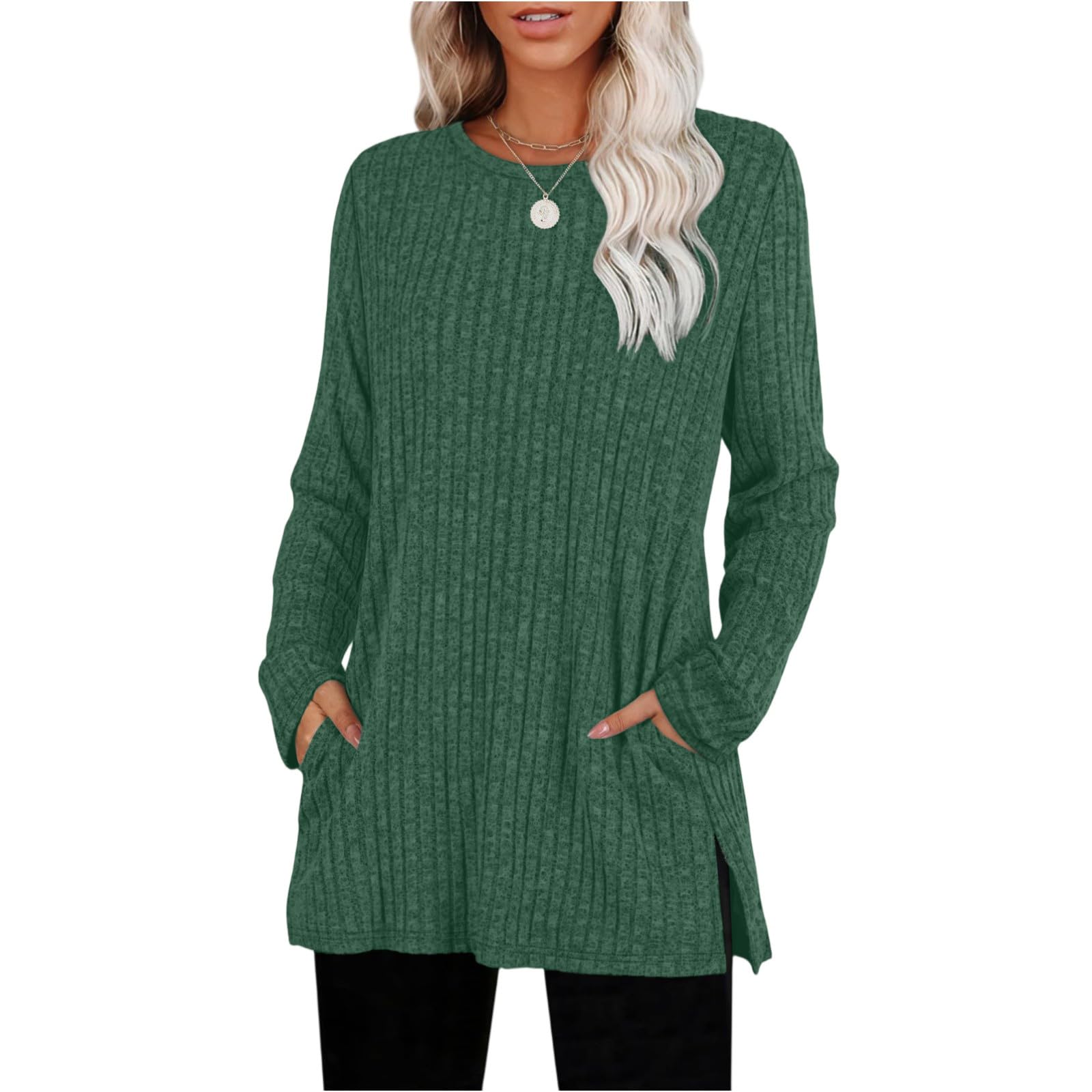 Womens Dressy Knitted Long Sleeve Round Neck Side Split Long Shirts Casual Lightweight Sweater Tops with Two Pocket
