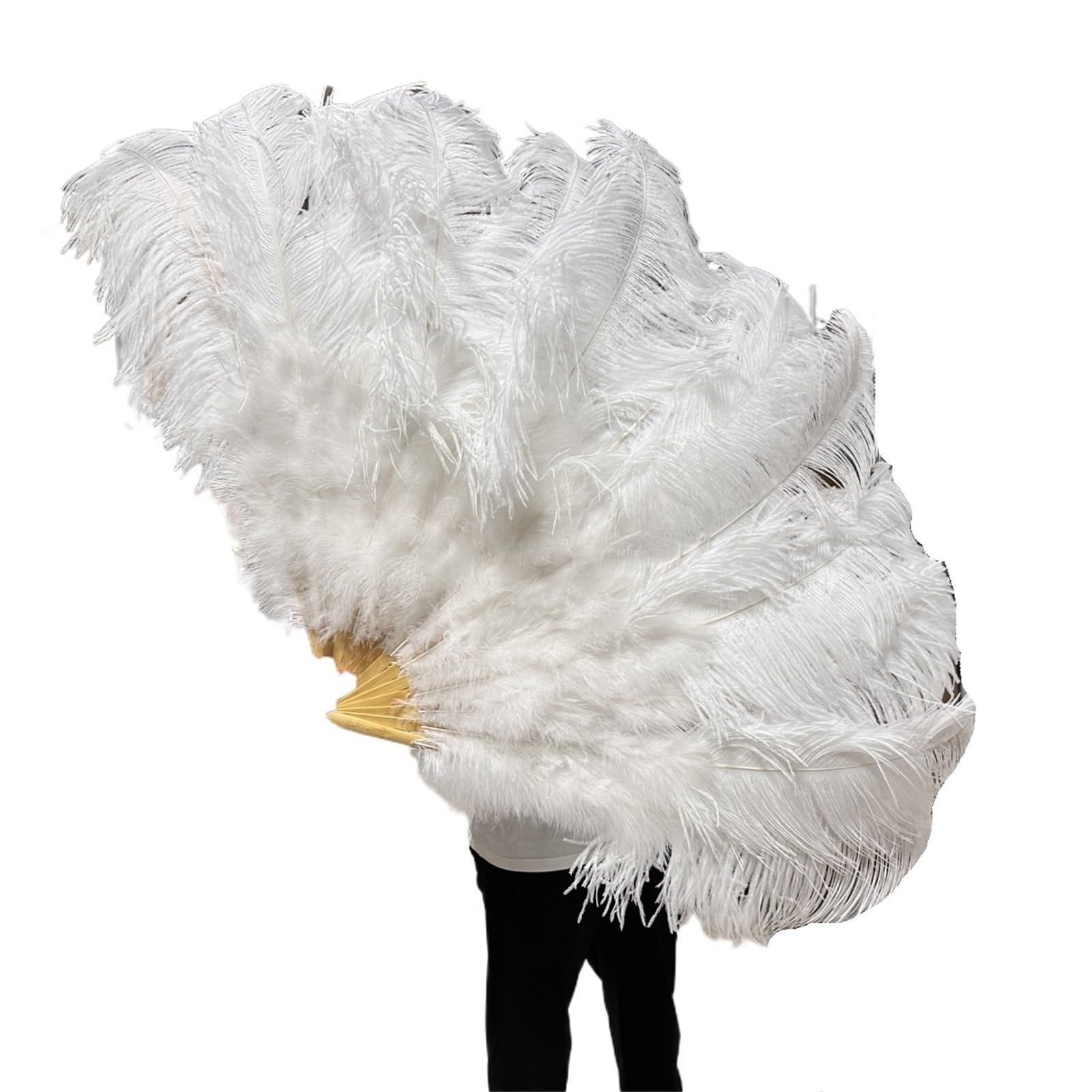 Grand éventail pliant en plumes d'autruche moelleuses - 13 branches - 100 cm / 130 cm - Pour mariage, fête, spectacle sur scène - Main gauche - 130 cm - Blanc