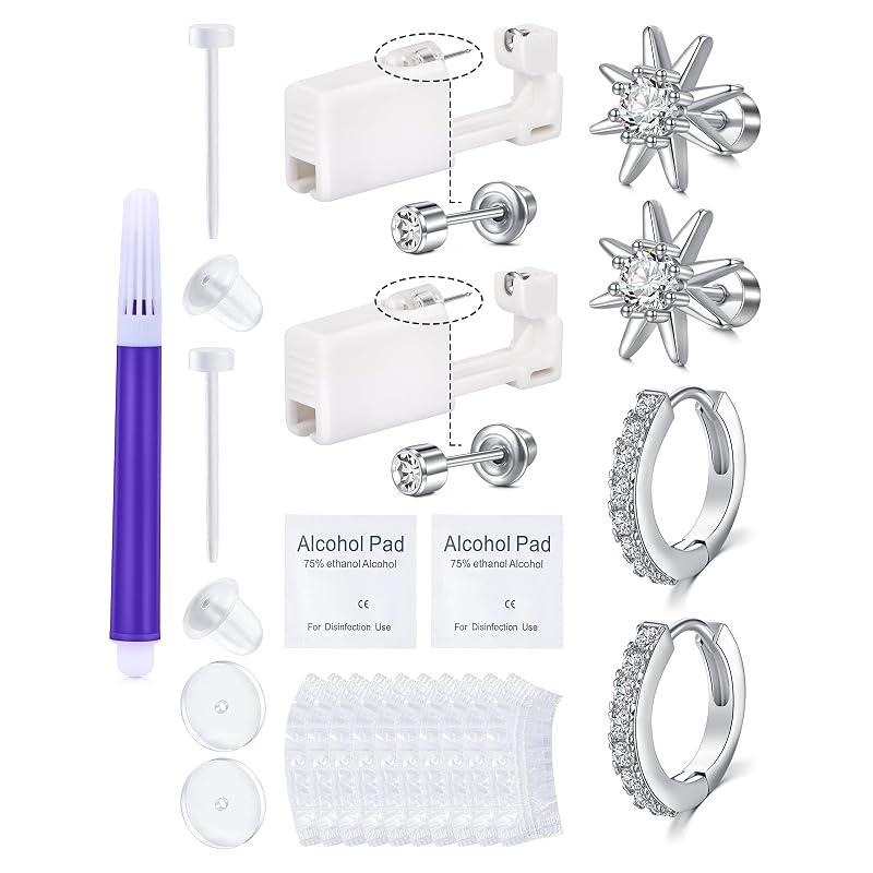 Kit descartável para piercing de orelha QWALIT Silver com pistola e brincos, pacote com 1
