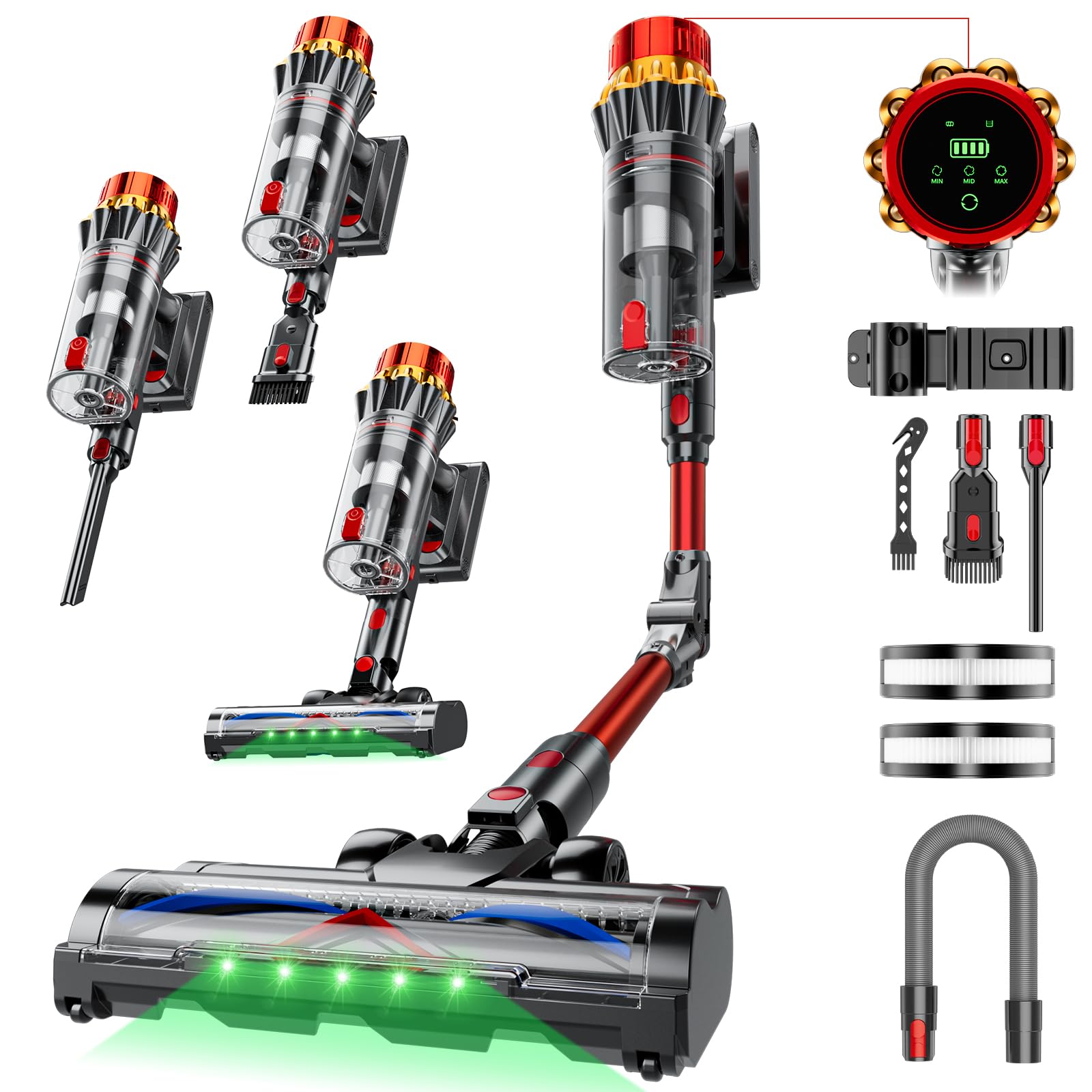 Aspirateur Balai Sans Fil 75 KPa, Autoportant avec Lumière Verte Détection Poussière, Tube Pliable Ergonomique, Écran LED Intelligent, 80 Min d’Autonomie, Anti-Enchevêtrement, Réservoir XL 1,8L