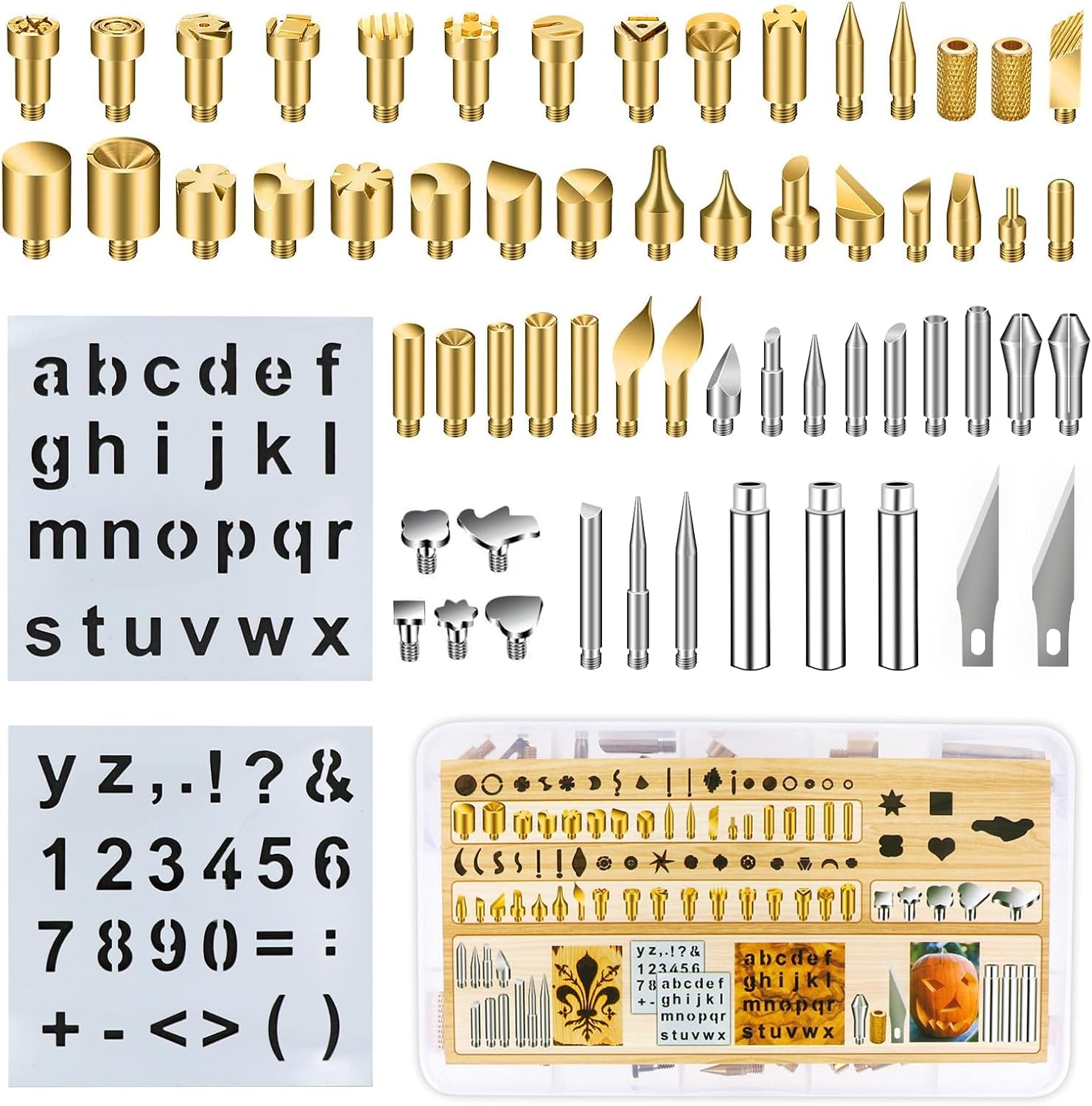 62Pcs Wood Burning Tips, Professional Wood Burning Pen Tips and Alphabet Number Stencils Set, Perfect Wood Burning Embossing Carving DIY Crafts Tool for Adults Beginners