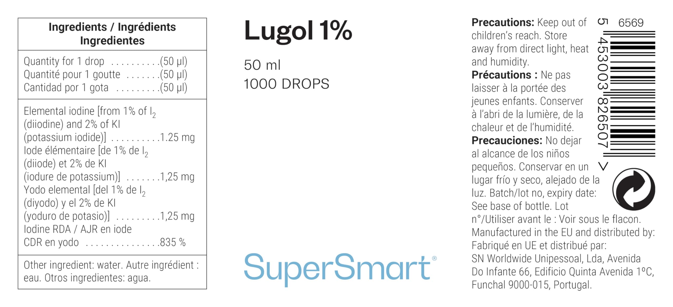 Lugol 1% - Iode en Gouttes - Soutient de la Thyroïde - Nettoie Plaies et Brûlures - Solution iodo-iodurée - 1000 gouttes - SuperSmart