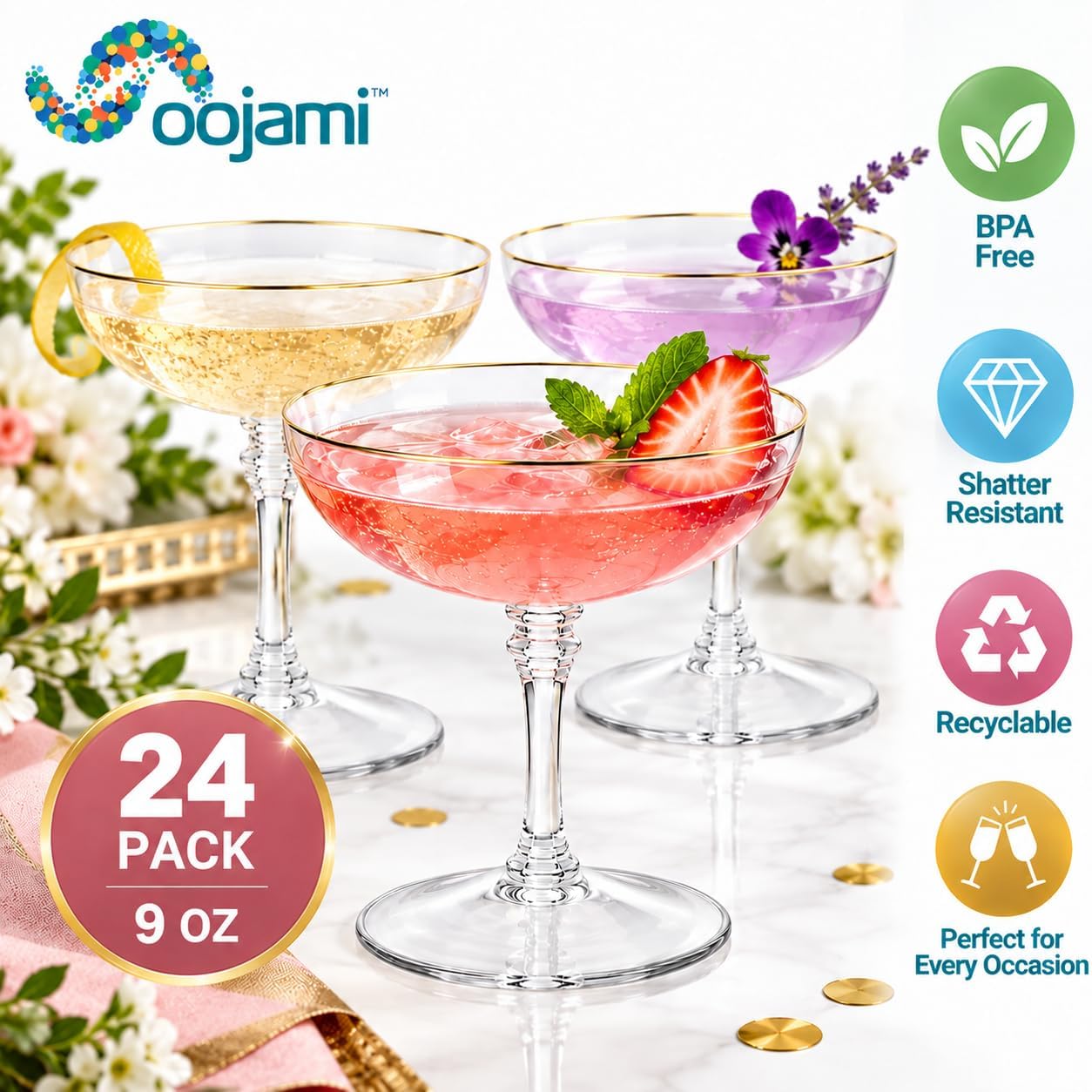 Oojami Item Name 24 Pcs 9oz Plastic Coupe Glasses, Detachable Stem Gold Rim