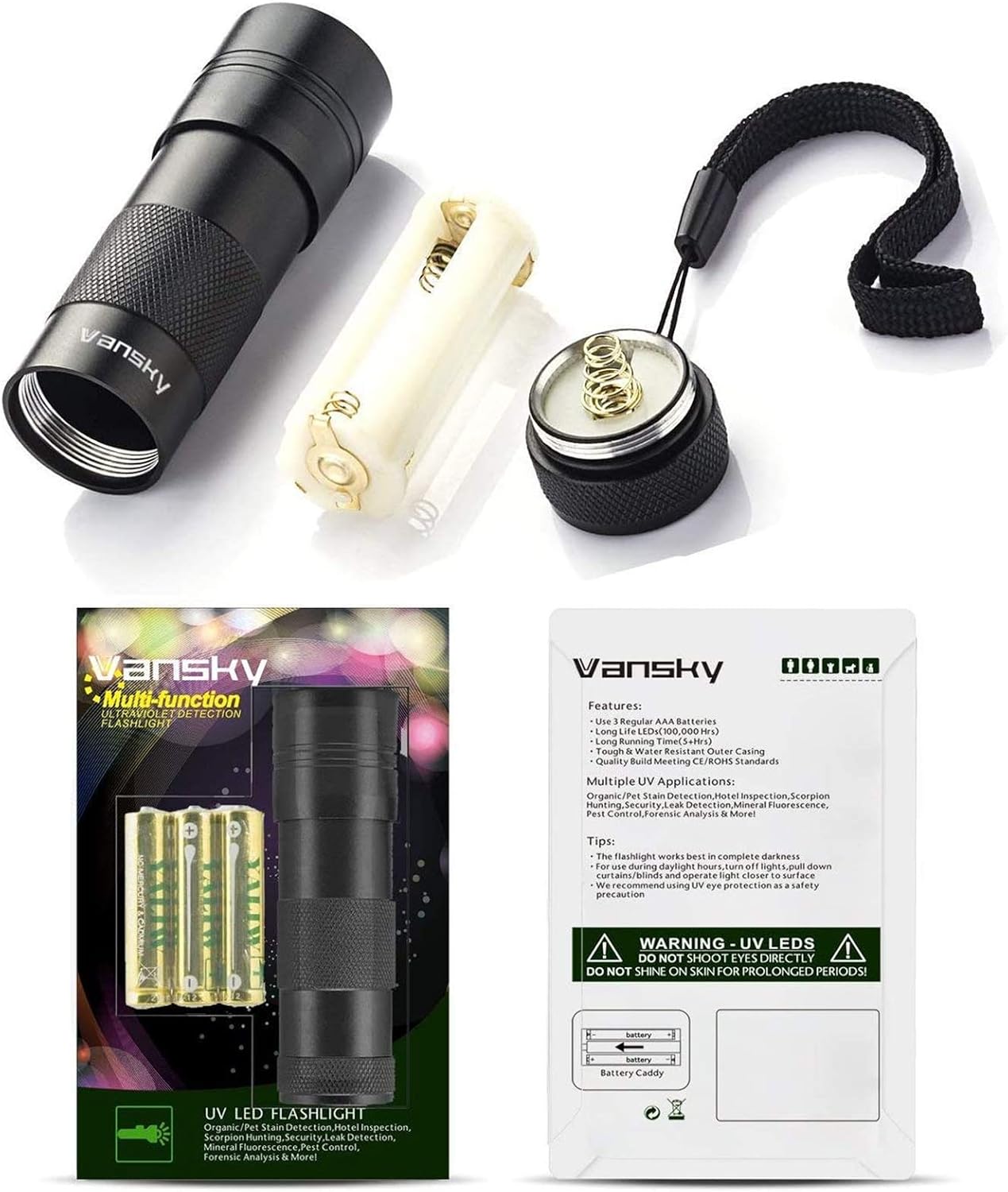 Vansky 12LED UV Blacklight Flashlight and packaging with batteries