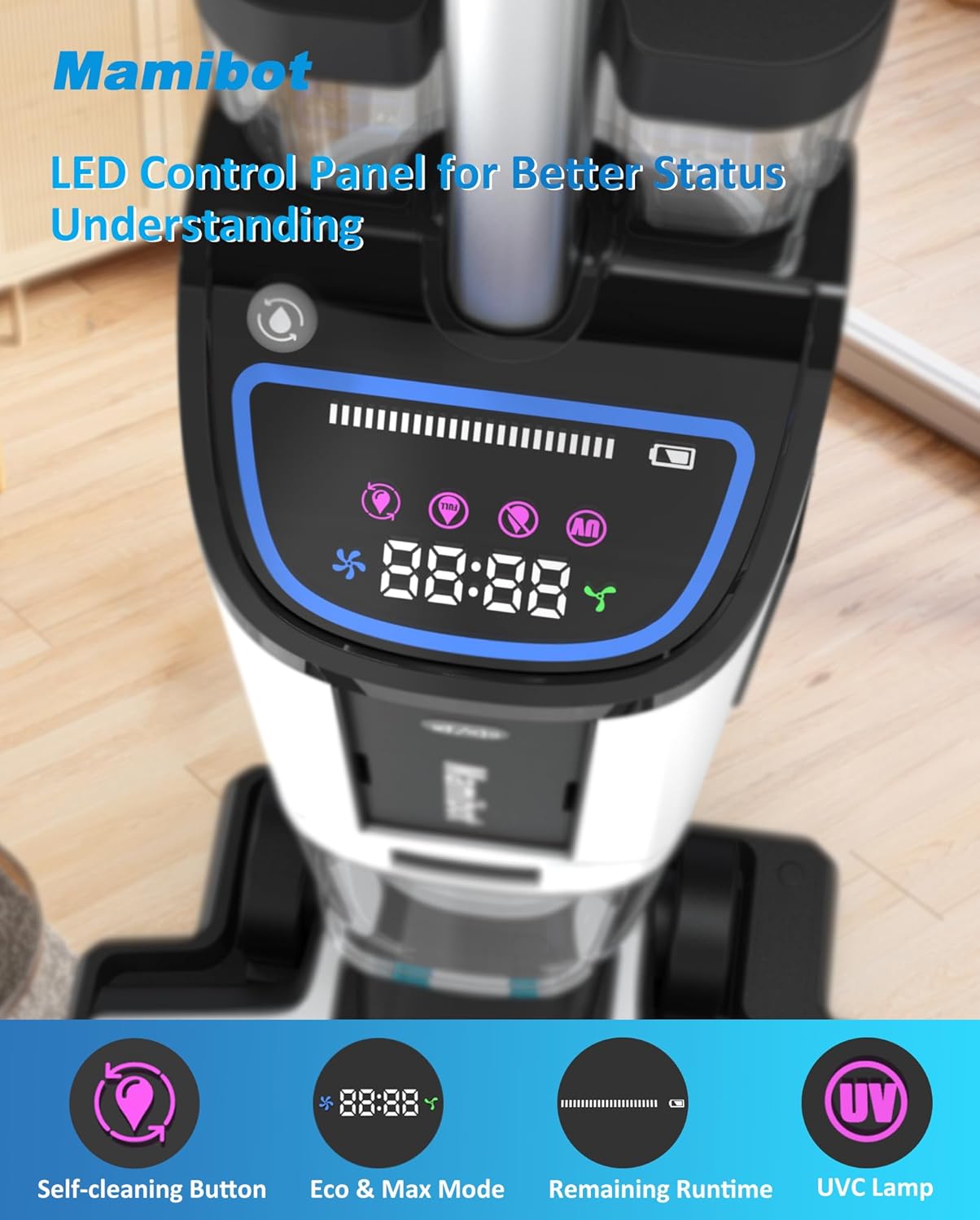 Close-up of the Mamibot FLOMO I Plus LED control panel showing self-cleaning button, Eco & Max modes, remaining runtime, and UVC lamp indicator.