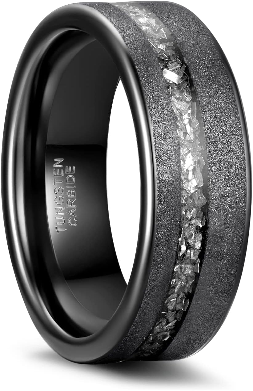 Greenpod 8MM Tungsten Carbide Rings for Men Sandblasted Flat Polished Dark Grey Wedding Band Aluminum Slag and Black Dinas Inlay Comfort Fit Size 7-13