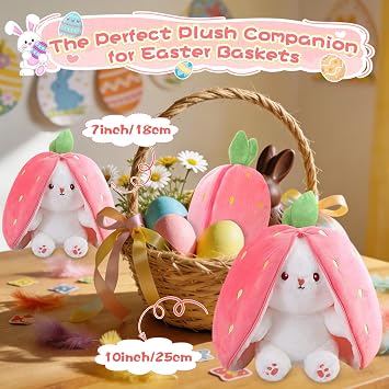 MIAODAM Easter Bunny Stuffed Animal, Carrot and Strawberry Bunny Plush Turn Into Rabbit Fruit Doll, Plushies Funny Bunny Toy for Girls (Strawberry Rabbit, 10inch)