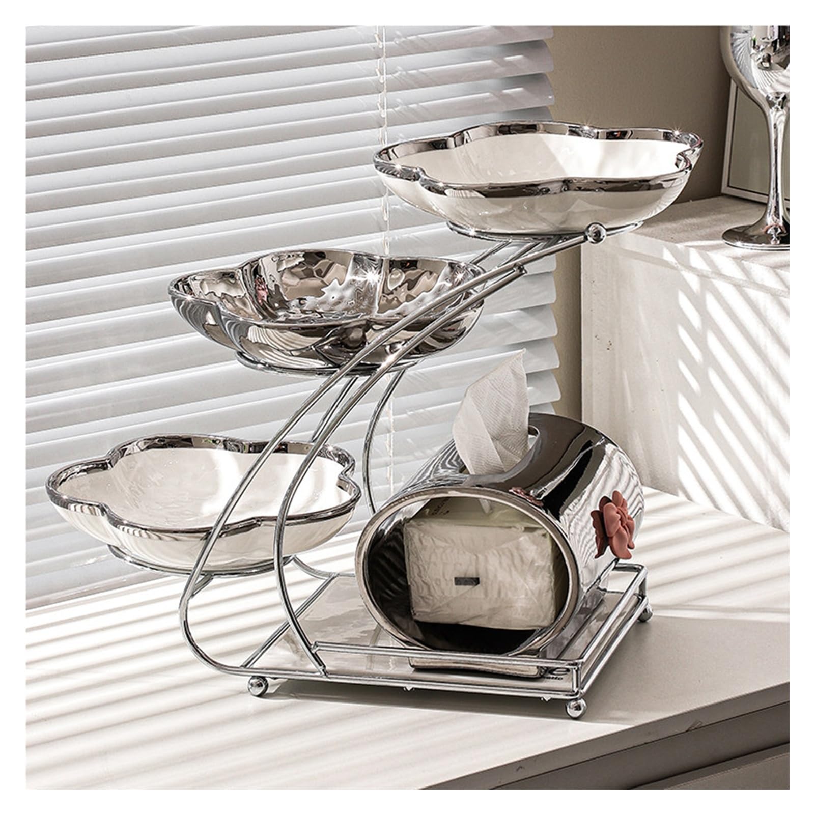 Xcsdew Color1 Wrought Iron Fruit Rack,Floor-Standing Tissue Holder,Three-Tier Pastry ,Ceramic Tray,Suitable For Coffee Table Use
