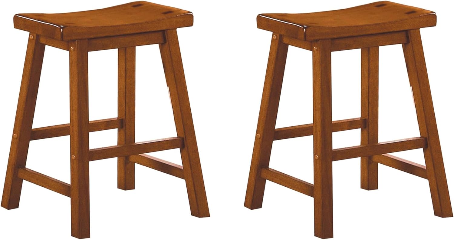 Pemberly Row Bar Stool Chair Set of 2 in Oak | Seat Height 18" | with Saddle Seat, Footrest | Indoor for Dining Room | Max Weight: 250 lbs