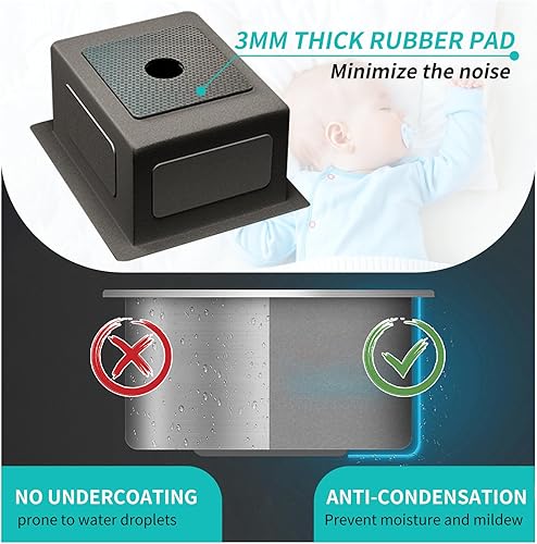 Miniatura 6 de Fregadero de cocina negro de acero inoxidable de 18 x 18 pulgadas, montaje superior, fregadero de cocina y bar, juego de fregadero de un solo tazón,