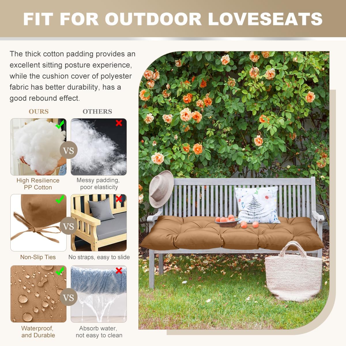 Outdoor Bench Cushion 47inches Waterproof & Fade Resistant Patio Furniture Cushions Tufted Fresh Porch Swing Lounger Loveseat Pads with Straps(Khaki-47x20in)