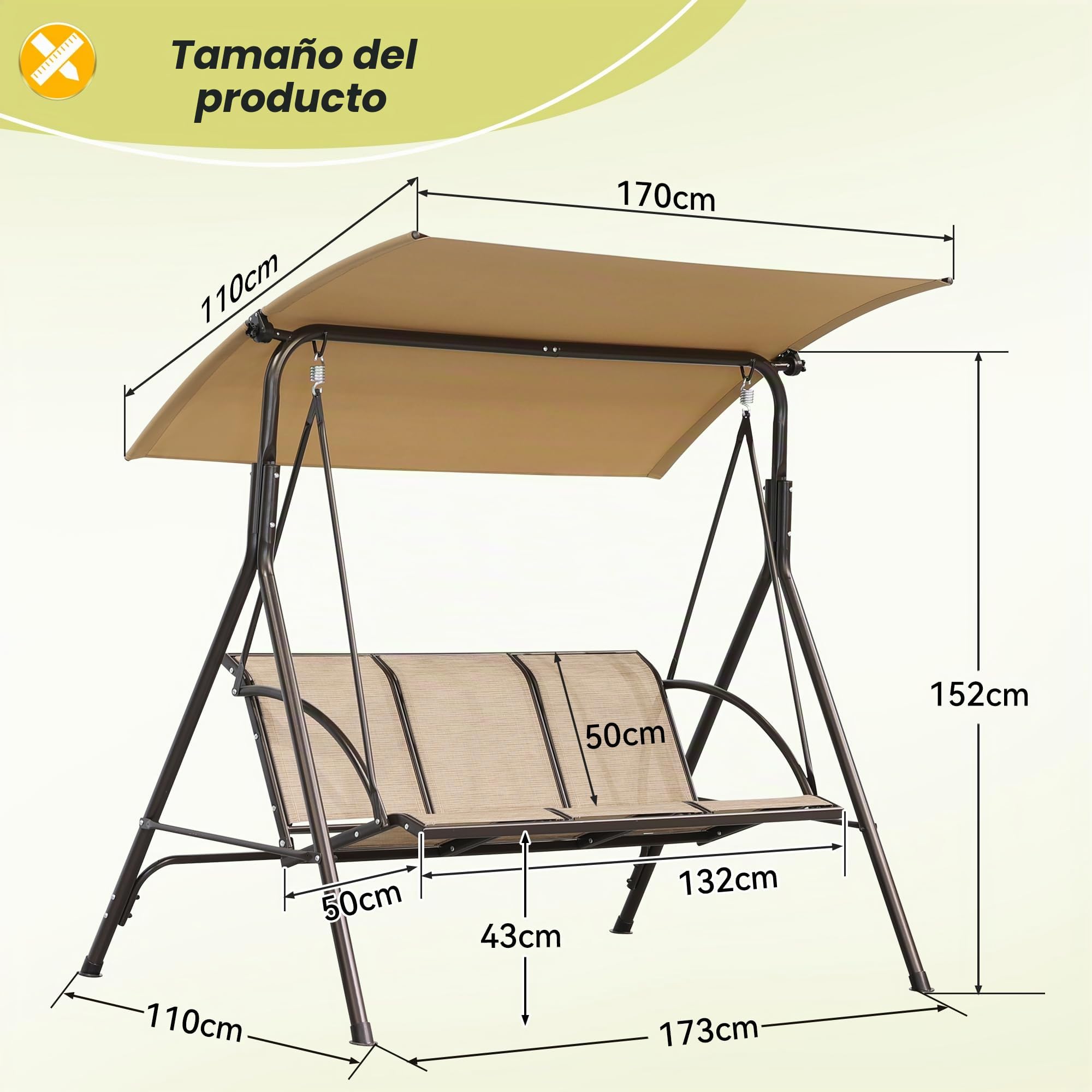 Angel Living - Balancín con 3 Asientos, Columpio de Jardín con la Silla de Tesling, 170x110x152cm (Marrón)