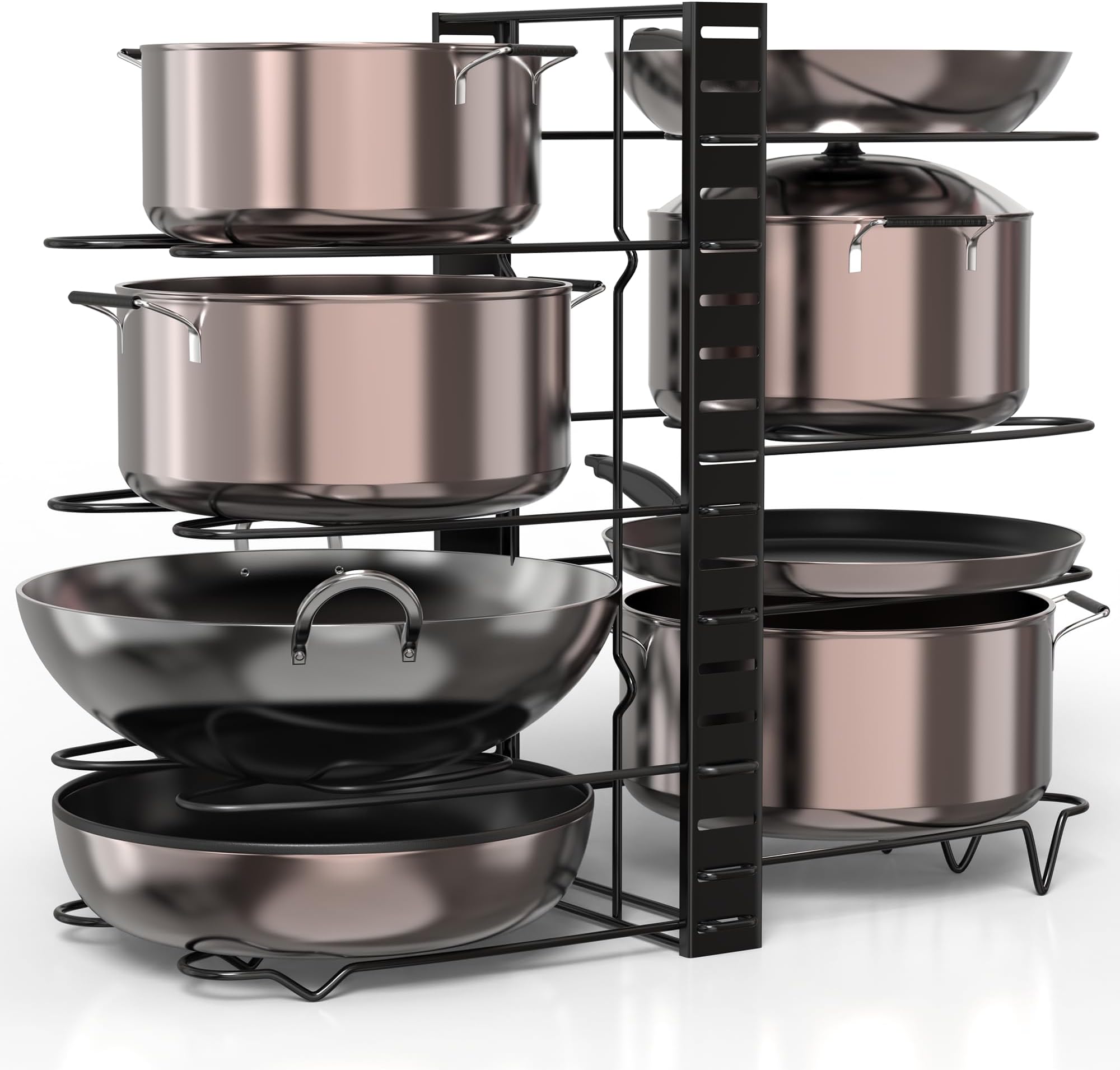 Amazon Brand - Umi 3 DIY Methods Iron Metal Portable Rack Organizer for Pots & Pans | 8 Pans Holder, 4-tiers Each side | Cabinet Pantry Pot Pan Lid Holder (Black)