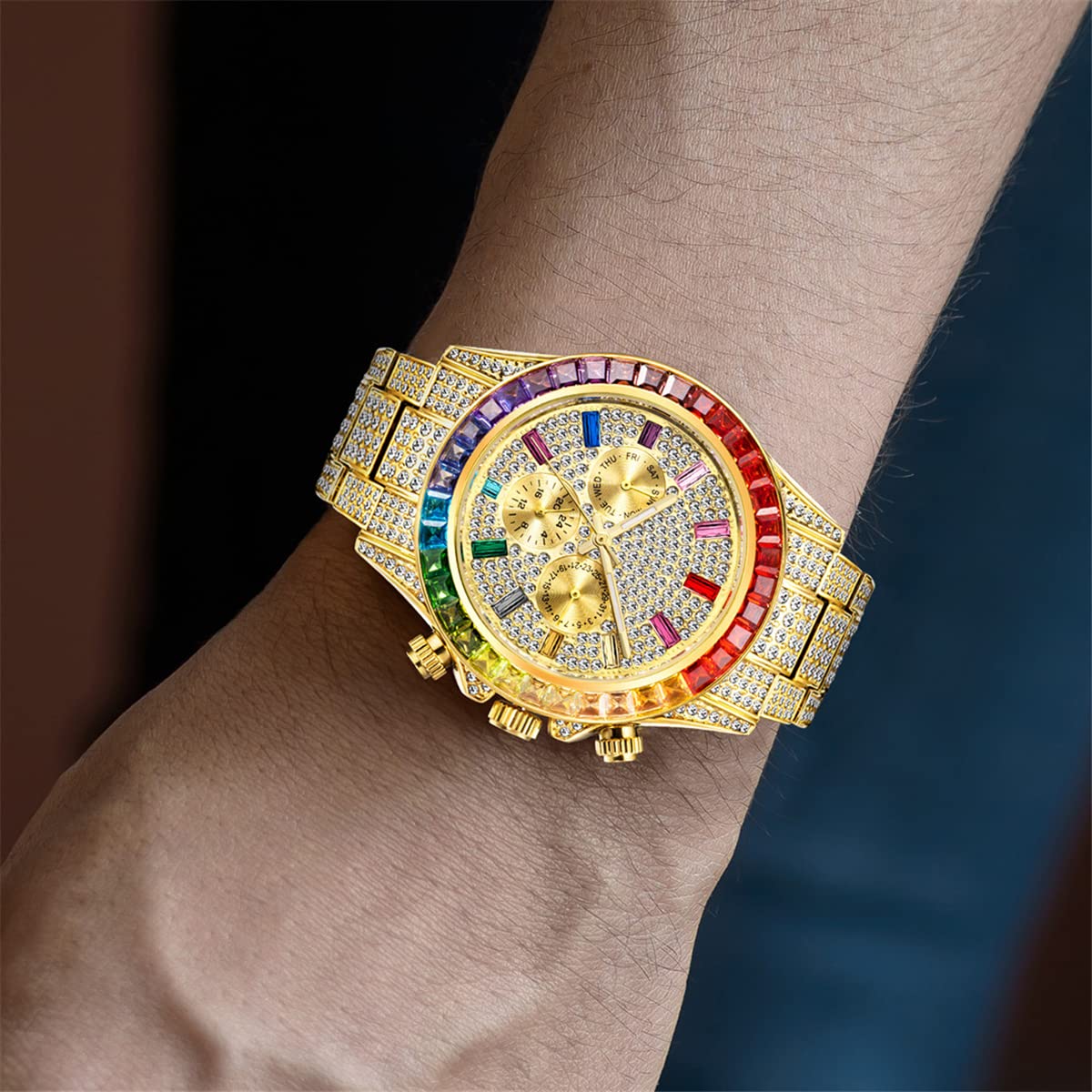 ICEDIAMOND Reloj de Pulsera de Cuarzo con Diamante de Laboratorio cúbico de 3 Ojos con Calendario mensual semanal y visualización de Zona horaria