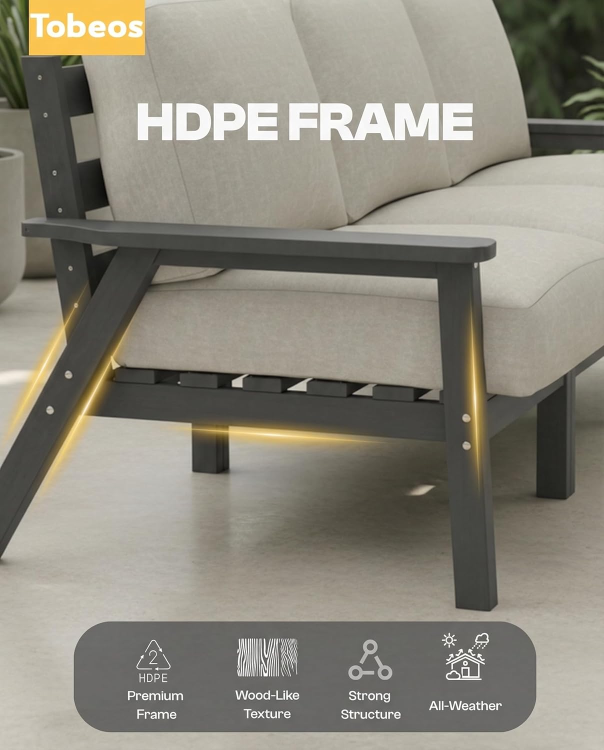 Patio Furniture Set, HDPE Outdoor Sofa Set with Beige Washable Cushions, Patio Conversation Sets for Lawn, Garden, Porch, Balcony & Deck, Durable Outdoor Sectional Furniture (Gray Frame)