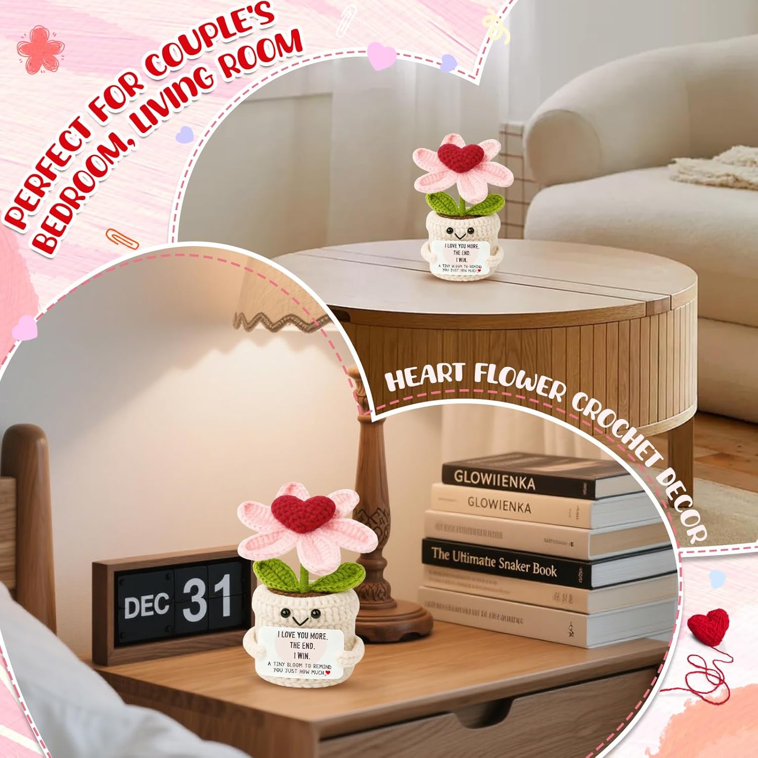 Handmade Crochet Heart Flower Plant Christmas Decorations- I Love You More Romantic Knitted Bloom - Funny Christmas, Birthday, Anniversary, Valentine's Day Gift for Him Her, Couples, Wife, Husband - Image 4