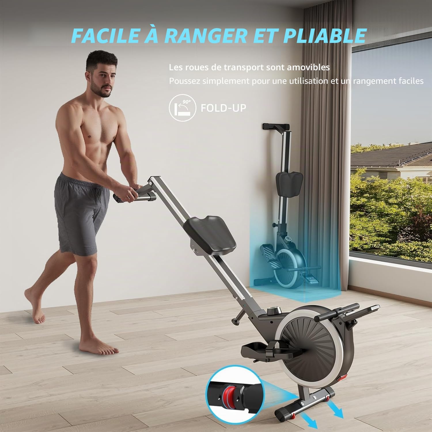Dskeuzeew Rameur pliable pour la maison avec résistance hydraulique pour tout le corps Appareil de fitness Moniteur LCD Max 150 kg