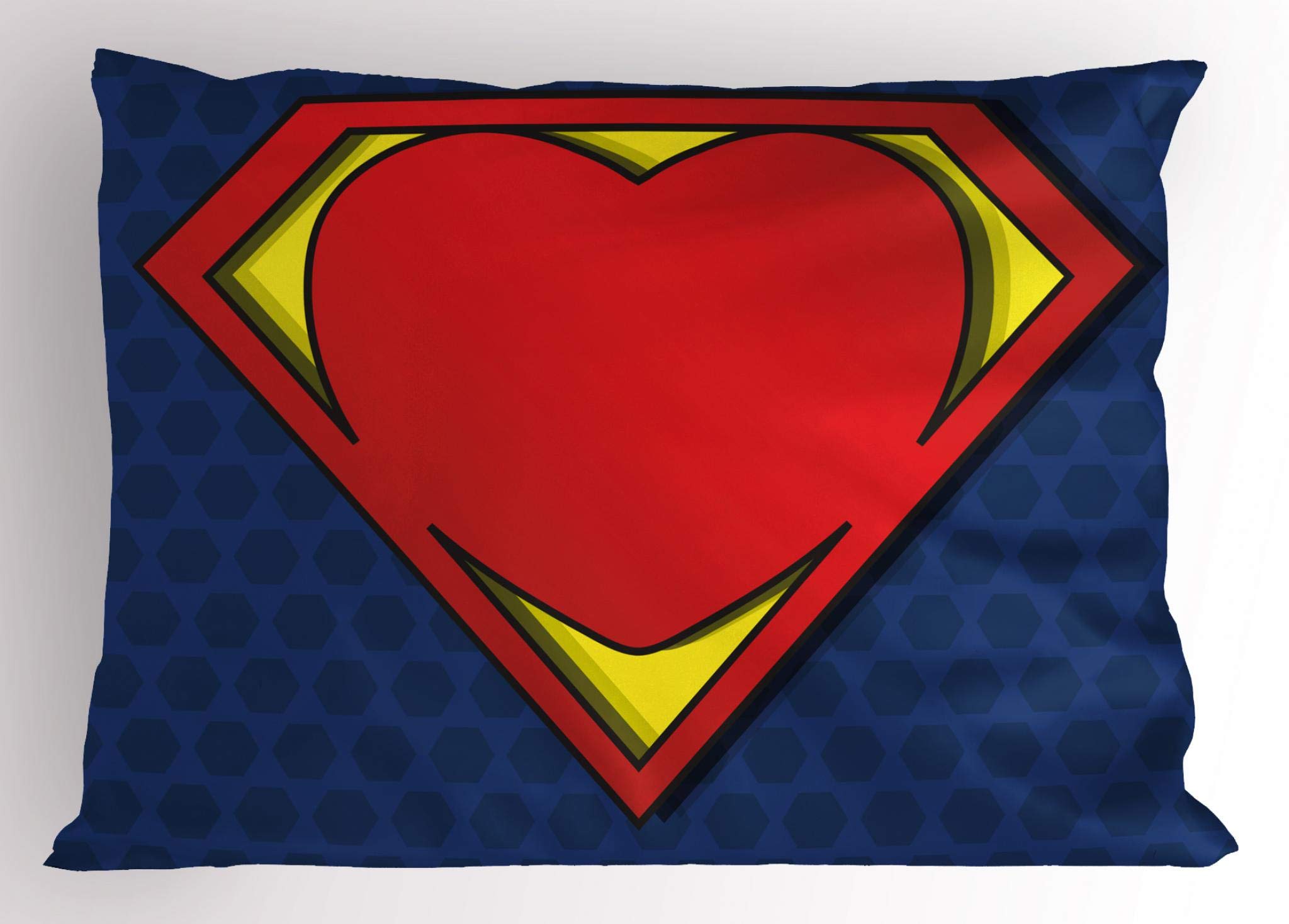 Ambesonne Superhero Pillow Sham, My Super Hero Shield Logo with Heart Valantines Romance Print, Decorative Standard Size Printed Pillowcase, 26" X 20", Night Blue