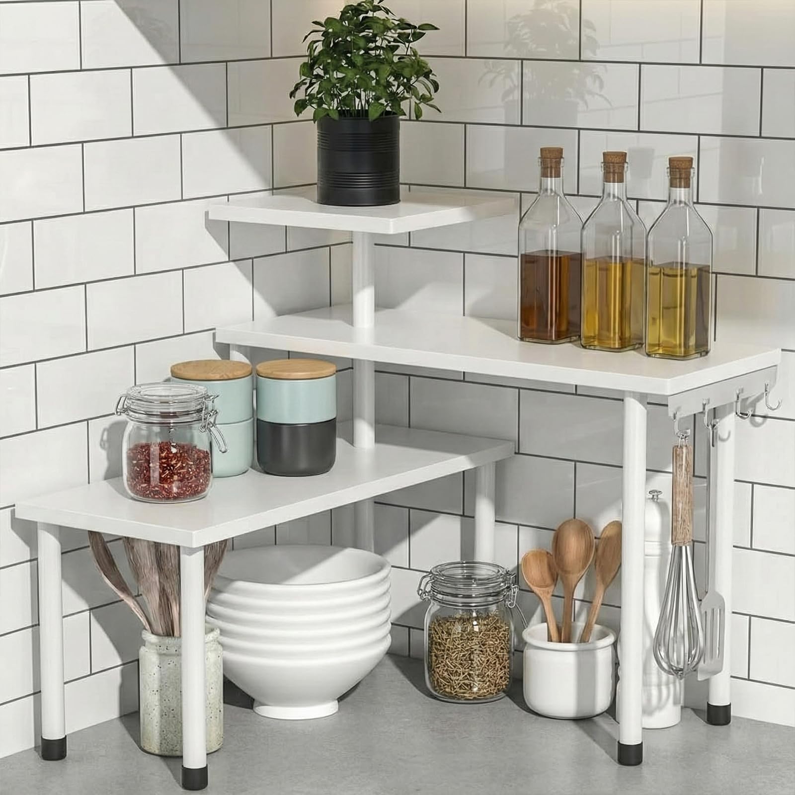 Especiero esquinero de cocina con orientación ajustable para ahorrar espacio en encimeras
