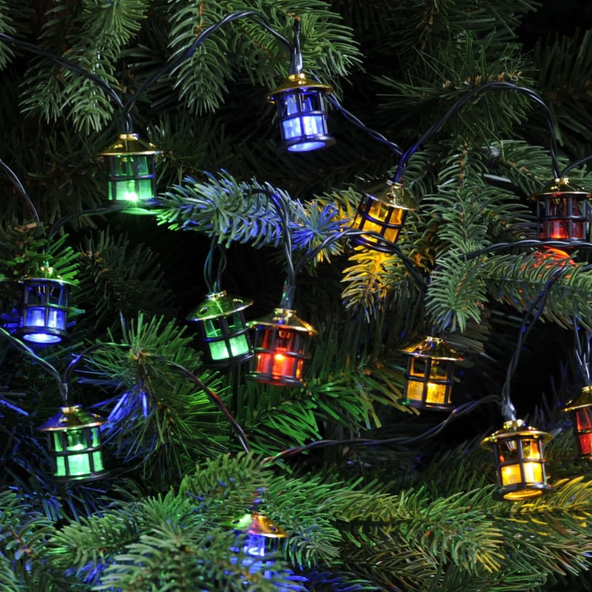 Festive Lights - 1.9m Victorian Lantern LED Christmas Battery Powered Fairy String Lights - 20 Multicolour Bulbs, 6 Hour Timer, Multi Function Displays, Indoor Outdoor Use, IP44 Rated, Green Cable