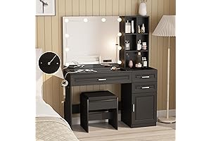 Fameill Vanity Desk with Black Glass Top and Lighted Mirror